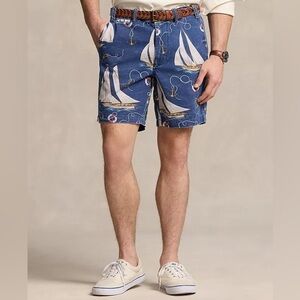 Ralph Lauren 8-inch Straight Fit Sailboat Print Blue Twill Shorts Size 31 Nwt